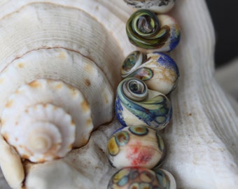 Lampwork Beach Glass Beads, Tropical Beads, Ocean Beads, Handmade Seashell Glass Beads, 1pc, SRA