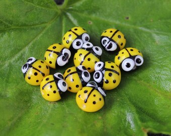 Può includere: Un gruppo di ornamenti a forma di coccinella gialli e neri con occhi bianchi su una foglia verde.