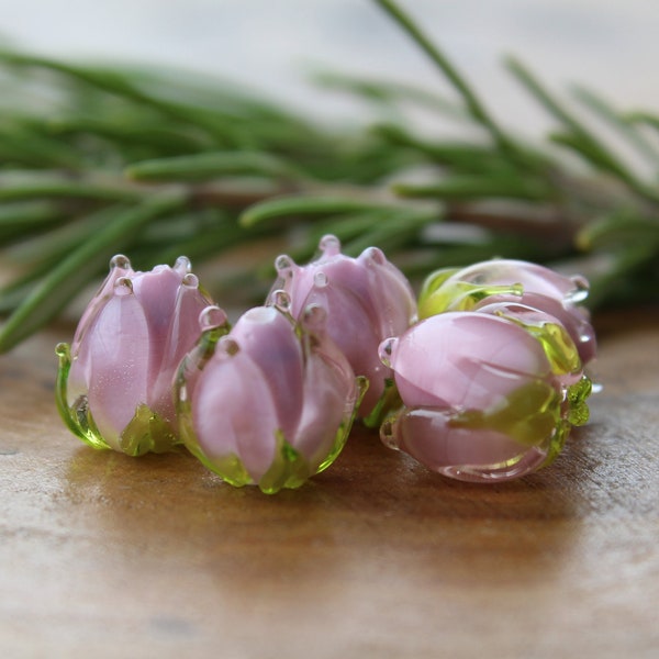 Lampwork Pink Lily Beads, Handmade Rose Buds, Pink Tulip Glass Beads, Lampwork Flower Beads,1pc. MTO