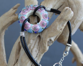 Lampwork Glass Bead Bracelet: Sterling Silver Leather Jewelry