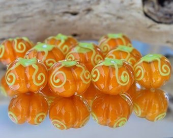 Lampwork Pumpkin Glass Beads, Handmade Pumpkin Beads, Lampwork Halloween Glass Beads, Small Vegetable Beads, Orange Lampwork Beads, 1pc. MTO