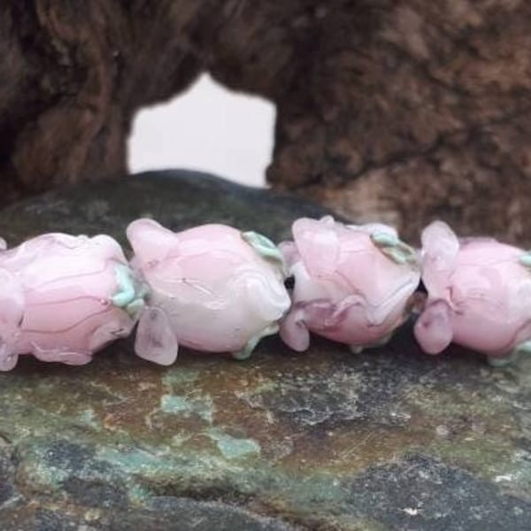 Lampwork Pink Rose Beads, Handmade Glass Rose Buds, Flower Glass Beads, Pink Rose Beads, 1 pc, MTO