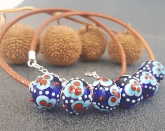 Handmade Lampwork Glass Bead Necklace: Sterling Silver, Leather Cord