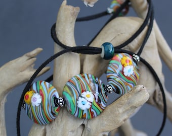 Lampwork Glass Necklace: Handmade Floral Lentil Beads, Sterling Silver