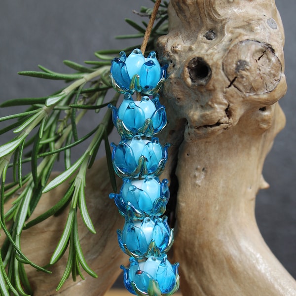 Lampwork Blue Flower Beads, Handmade Water Lily Beads, Blue Flower Beads for Jewelry Making, 1pc, MTO