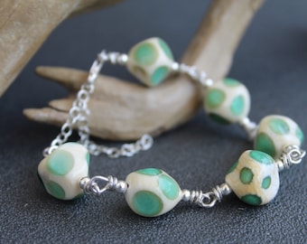 Lampwork Glasperlen Armband: Sterling Silber, Grüner Elfenbein Schmuck