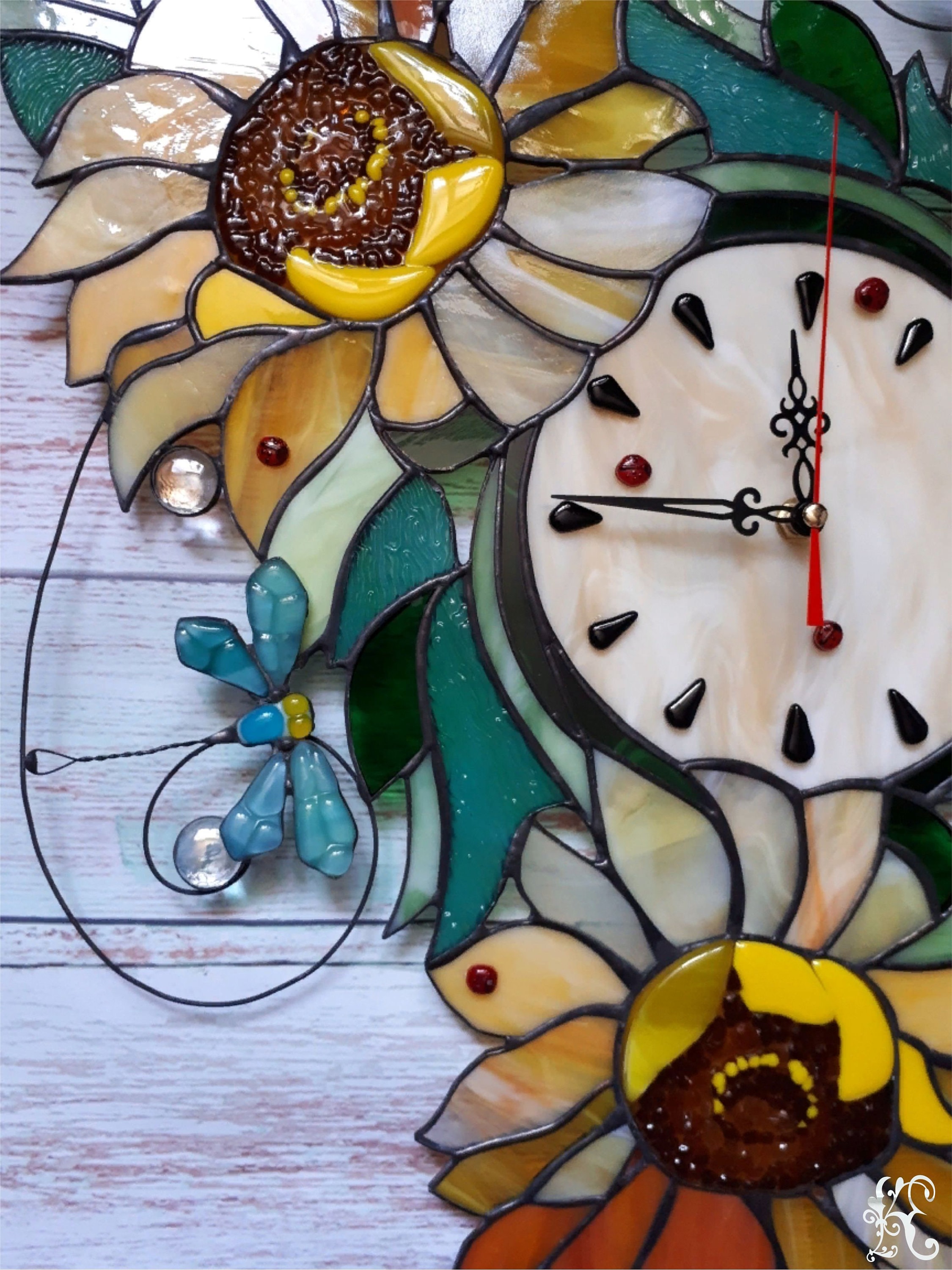 Stained glass clock art. Wall clock with Sunflowers decor. Etsy
