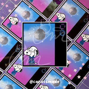 May include: Square sticker featuring Snoopy wearing glasses, a blue shirt, and a disco ball against a purple and blue gradient background. The sticker has a white border and is surrounded by similar stickers with a star pattern.