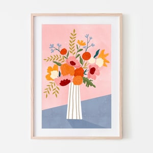 Impresión artística de jarrón con flores, dibujo botánico moderno, decoración de pared minimalista, ilustración de jarrón a rayas, obra de arte vegetal contemporánea