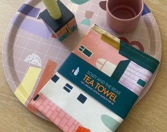 Town Organic Tea Towel, Illustrated Kitchen Towels, Colourful Home