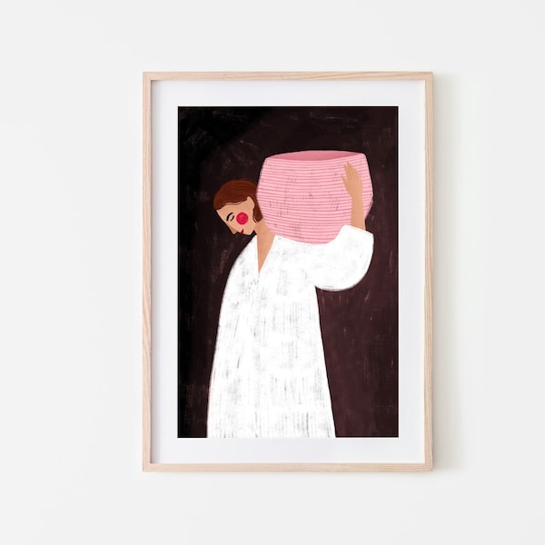 The Woman with the Pink Basket, Art Print, Woven Basket, Minimal Portrait Illustration, Wall Art Decor