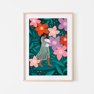 Stampa artistica di mamma e bambino in un giardino floreale, illustrazione della maternità, poster per neomamme, regalo per baby shower, stampa per ostetrica