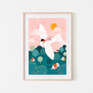 Flying High, Children Art Print, Flying Bird Illustration , Nursery Art Decor, Dreamy Kids Room Poster, Boho Art Poster