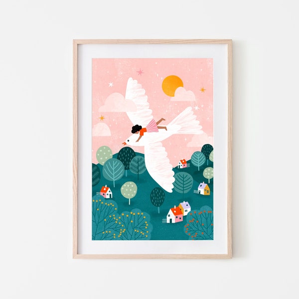 Flying High, Kinder Kunstdruck, fliegende Vogel Illustration, Kinderzimmer Dekoration, verträumte Kinderzimmer Poster, Boho Kunst Poster