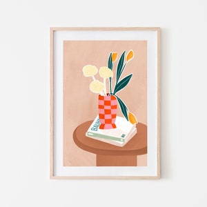 Jarrón a cuadros, impresión artística floral, ilustración de jarrón colorido, dibujo botánico, póster moderno, arte de pared minimalista, decoración vibrante para el hogar
