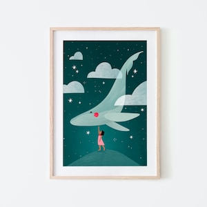 Fliegender Wal Kunstdruck, Kinderzimmer Poster, Kinderzimmer Illustration, Wanddekoration, Nachthimmel Poster, Kinderzimmer Illustration