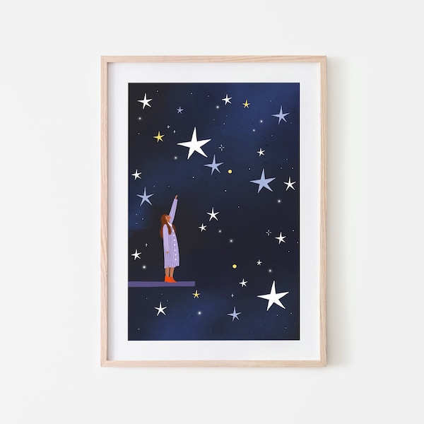 Oh Starry Night, Celestial Art Print, Star Constellations, Girl and Stars Illustration, Reaching for Stars, Astronomy Poster, Night Sky Art