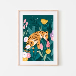 Soley y el tigre, impresión de arte infantil, ilustración de gato salvaje, decoración de arte infantil, cartel de habitación para niños de ensueño, arte caprichoso, cartel de arte boho