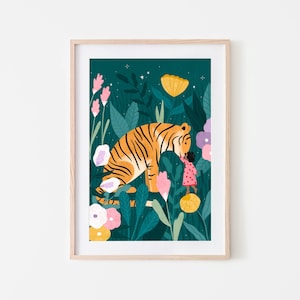 Soley and the Tiger , Children Art Print, Wild Cat Illustration , Nursery Art Decor, Dreamy Kids Room Poster, Whimsical Art, Boho Art Poster