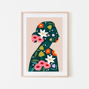 Floral Silhouette, Flower Art Print, Woman Illustration, Flower Bouquet, Colourful Wall Art Decor, Modern Wall Art Poster