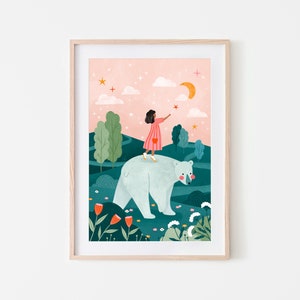 Make A Wish, Children Art Print, Soley and the Bear Illustration, Nursery Art Decor, Dreamy Kids Room Poster, Boho Art Poster