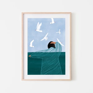 Seaside, Mindful Art Print, Woman Ocean and Birds, Ocean Illustration, Woman drawing, Outdoors Art, Gift Idea for her