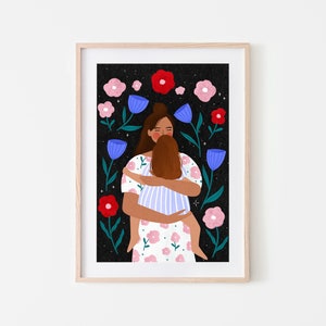 Mama kuschelt, Mutterschaft Kunstdruck, Blumen Illustration, Mama Tochter Poster, Frau Illustration, Kinderzimmer Kunst