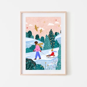 Snowy Sledge Walk Art Print, Family Illustration, Mum and Child walking, Illustrated Print, Landscape, Scenery Drawing, Whimsical Poster