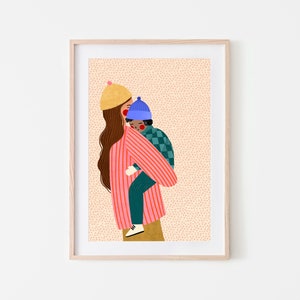 Mãe e menino, impressão de arte sobre maternidade, pôster de mãe e filho, ilustração de mulher, arte de quarto infantil