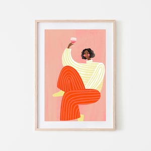 The Woman with the Glass of Wine, Art Print, Stripes Print, Wine Drawing, Minimal Portrait Illustration, Wall Art Decor