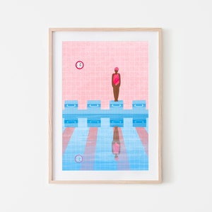 Swimming Pool, Colourful Art Print, Lido Poster, Girl Swimming Illustration, Modern Wall Art, Bold Pink Poster image 1