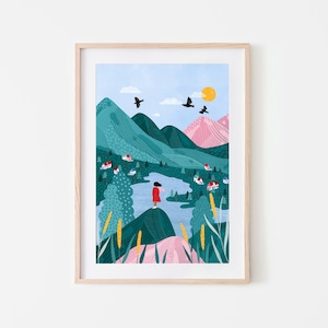 Mountains, Mindful Art Print, Colourful Nature Poster, Mountains Illustration, Wanderlust, Outdoors Art, Gift Idea for her