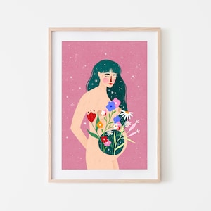 Útero en floración, impresión de arte de maternidad, cartel de nueva mamá, ilustración de mujer, impresión de partera, idea de regalo de baby shower