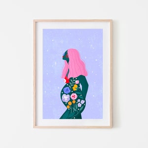 Impresión artística de futura mamá, póster de maternidad, ilustración de mujer, impresión de partera, idea de regalo para baby shower