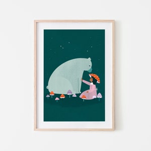 Soley y el oso Mi pequeño hongo, Impresión de arte infantil, Cartel colorido para niños, Ilustración de hongos, Cartel de otoño, Nueva idea de regalo para bebés