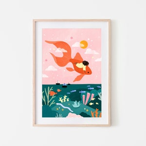 Pez dorado volador, impresión de arte infantil, ilustración de pájaros voladores, decoración de arte infantil, póster de habitación para niños de ensueño, póster de arte boho