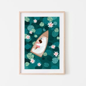 Viaje en barco, Impresión de arte para niños, Ilustración de Soley y el oso, Decoración de arte infantil, Póster de habitación para niños de ensueño, Póster de arte boho