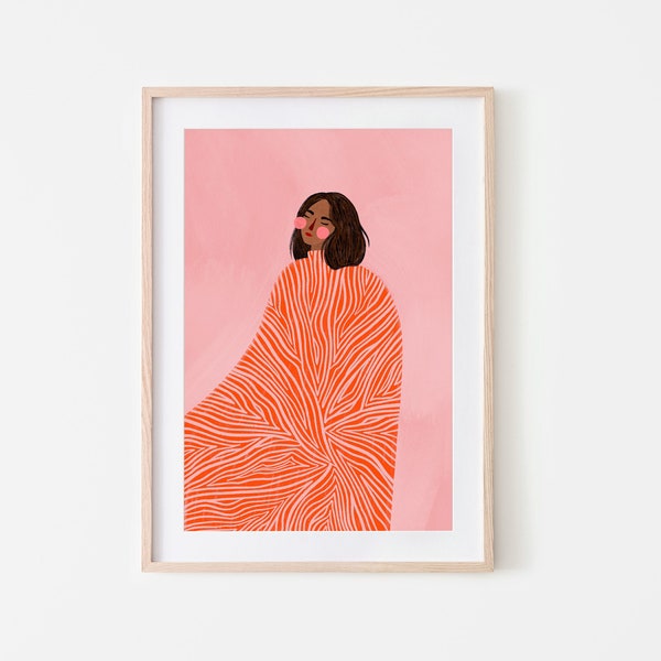 Die Frau mit den Wirbeln, Bunter Kunstdruck, Streifen Druck, Minimalistische Porträt Illustration, Wand Kunst Dekor