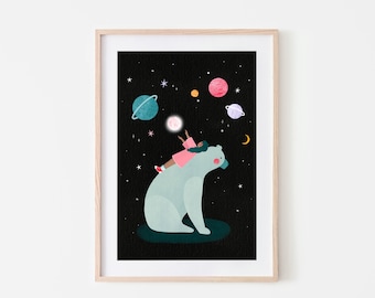Planet Gazing, Celestial Art Print, Star Constellations, Astronomy Poster, Night Sky Art, Nursery Decor,  Kids Room Idea