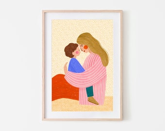 Mum Love, Motherhood Art Print, Mama Son / Daughter Poster, Woman Illustration, Kids Room Art