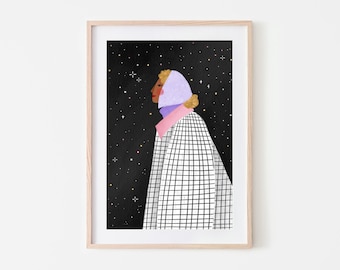 Girl at Midnight, Celestial Art Print, Star Constellations, Girl and Stars Illustration, Checkered Pattern, Night Sky Art