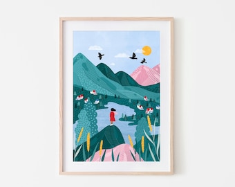 Mountains, Mindful Art Print, Colourful Nature Poster, Mountains Illustration, Wanderlust, Outdoors Art, Gift Idea for her