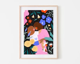 Mamma e figlia in fiore, stampa artistica sulla maternità, poster per bambini e madri, illustrazione di donna, stampa per ostetrica, idea regalo per baby shower
