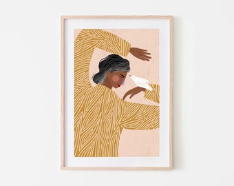 The Woman with the Bird Art Print, Minimalist Portrait Illustration, Striped Wall Art Decor for Home