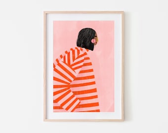 The Woman with Orange Stripes Art Print - Minimal Portrait Illustration Wall Art Decor - Stripes Print for Home