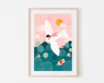 Flying High, Children Art Print, Flying Bird Illustration , Nursery Art Decor, Dreamy Kids Room Poster, Boho Art Poster