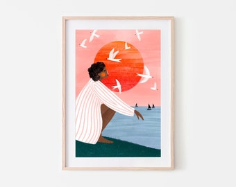 Sunset on My Own, colourful Art Print, Stripes Print, Simple Landscape Illustration, Wall Art Decor