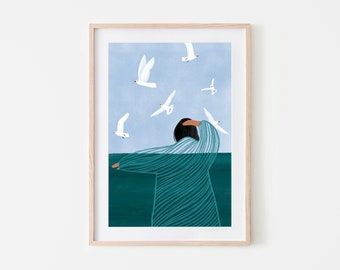 Seaside, Mindful Art Print, Woman Ocean and Birds, Ocean Illustration, Woman drawing, Outdoors Art, Gift Idea for her