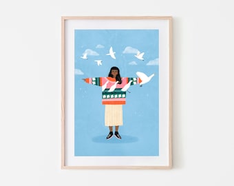 Amy and the Flying Jumper, Colourful Art Print, Living Room Wall Decor, Bird Illustration, White goose, Gift Idea for Friend, Girl Drawing