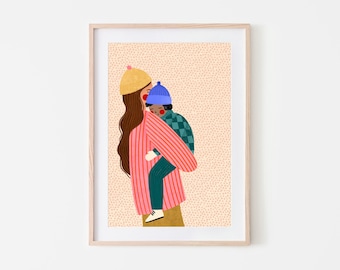 Mum an Boy, Motherhood Art Print, Mama Son Poster, Woman Illustration, Kids Room Art